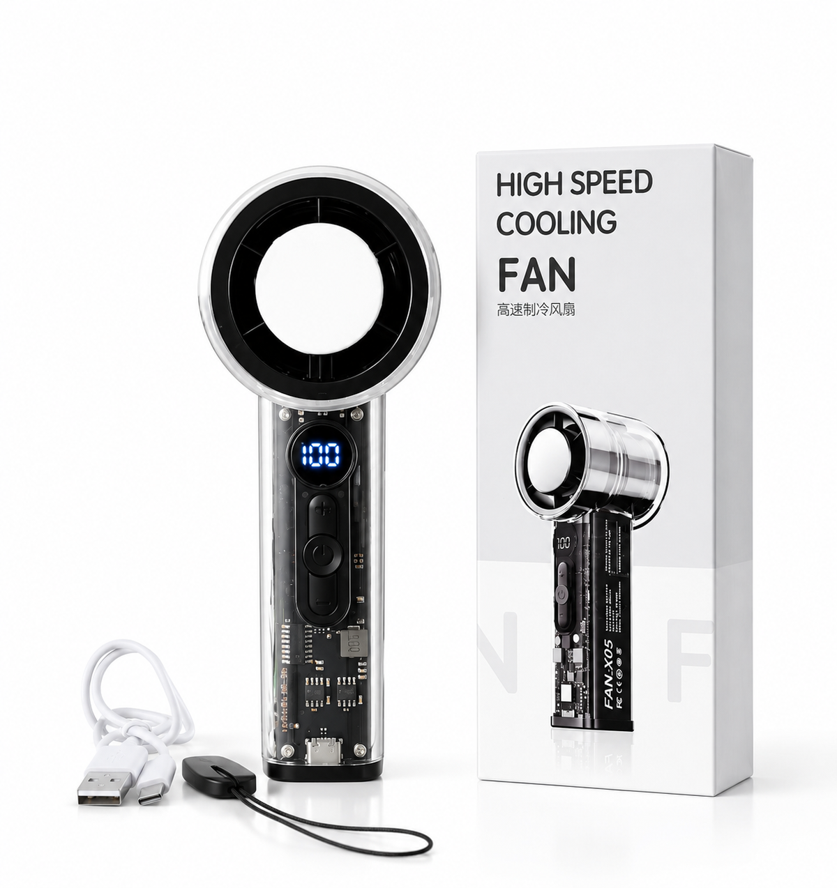 High Speed Bladeless Cooling Fan – Rechargeable Handheld Mini Fan with LED Display, 3 Speeds, USB-C Charging
