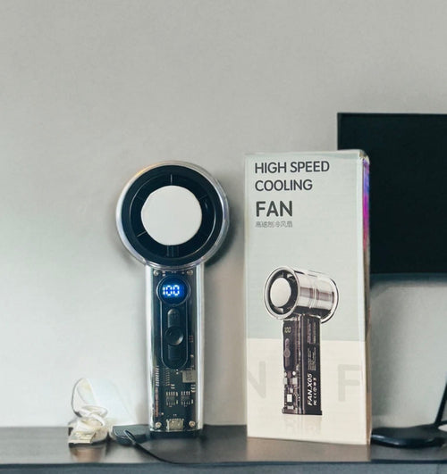 High Speed Bladeless Cooling Fan – Rechargeable Handheld Mini Fan with LED Display, 3 Speeds, USB-C Charging